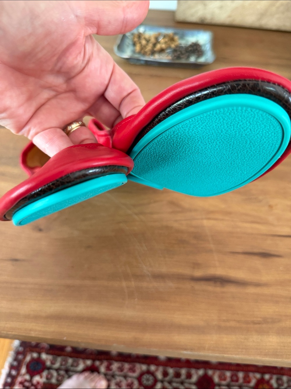 Tieks Red Leather Ballet Flats with Teal Heel Tab - Picture 2 of 5